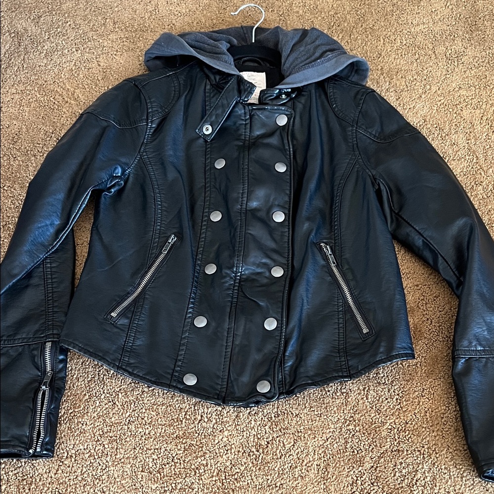 We The Free Black Vegan Leather Jacket with Gray Hood